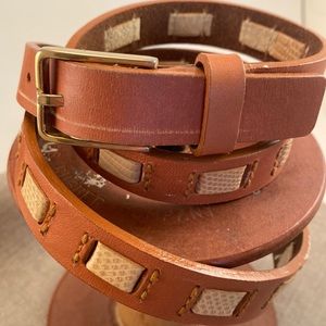 Women’s Belt Natural Vachette Leather with Woven Tan  Leather.  Brass